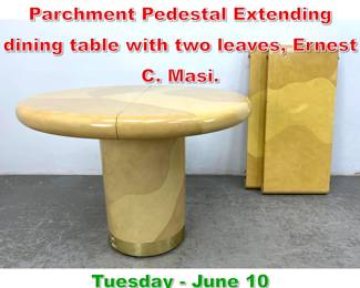 Lot 555 Karl Springer Style Parchment Pedestal Extending dining table with two leaves, Ernest C. Masi.
