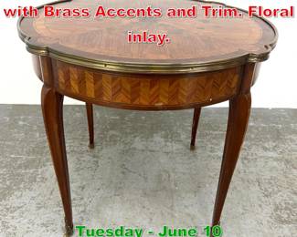 Lot 901 French Inlaid Center Table with Brass Accents and Trim. Floral inlay.