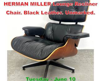 Lot 310 CHARLES EAMES for HERMAN MILLER Lounge Recliner Chair. Black Leather. Unmarked.