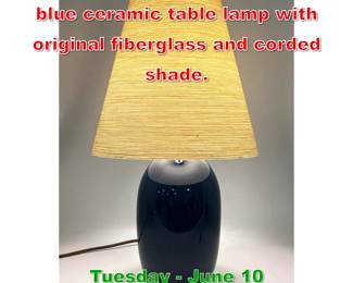 Lot 867 Gunnar and Lotte Bostlund blue ceramic table lamp with original fiberglass and corded shade.