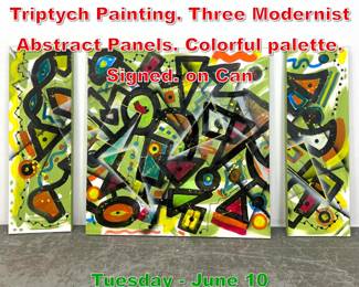 Lot 590 DENNIS SAKELSON Triptych Painting. Three Modernist Abstract Panels. Colorful palette. Signed. on Can