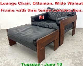 Lot 530 2pc Adrian Pearsall Walnut Lounge Chair. Ottoman. Wide Walnut Frame with thru tenon construction. Bl