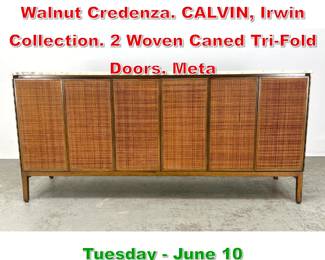 Lot 325 PAUL McCOBB Marble Top Walnut Credenza. CALVIN, Irwin Collection. 2 Woven Caned TriFold Doors. Meta
