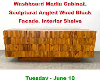Lot 497 GLOBAL VIEWS Brutalist Washboard Media Cabinet. Sculptural Angled Wood Block Facade. Interior Shelve