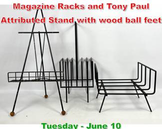 Lot 869 3pcs Iron. Vintage Metal Magazine Racks and Tony Paul Attributed Stand with wood ball feet