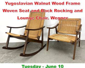 Lot 891 2pcs. Mid Century Yugoslavian Walnut Wood Frame Woven Seat and Back Rocking and Lounge Chair. Wegner