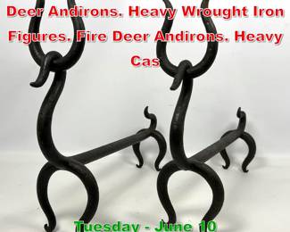 Lot 426 After Russel Wright Figural Deer Andirons. Heavy Wrought Iron Figures. Fire Deer Andirons. Heavy Cas