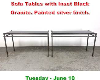 Lot 939 Pair Iron Frame Console Sofa Tables with Inset Black Granite. Painted silver finish.