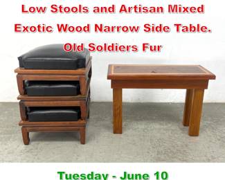 Lot 910 3 Mid Century Stacking Low Stools and Artisan Mixed Exotic Wood Narrow Side Table. Old Soldiers Fur