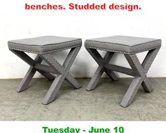 Lot 865 Pair X base Gray Ottoman benches. Studded design.