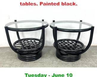 Lot 725 Pair Rattan Glass top end tables. Painted black.