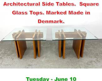 Lot 904 Pr Danish Modern Teak Architectural Side Tables. Square Glass Tops. Marked Made in Denmark. 