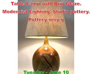Lot 428 Large Bulbous Pottery Table Lamp with Drip Glaze. Modernist Lighting. Studio pottery. Pottery very g