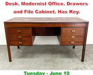 Lot 672 Large Rosewood Executive Desk. Modernist Office. Drawers and File Cabinet. Has Key.