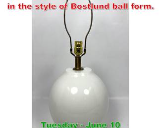 Lot 829 White ceramic table lamp in the style of Bostlund ball form.