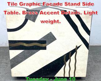 Lot 781 Inlaid Marble and Stone Tile Graphic Facade Stand Side Table. Brass Accent Details. Light weight.