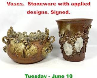 Lot 520 2pcs Artisan Studio Pottery Vases. Stoneware with applied designs. Signed.