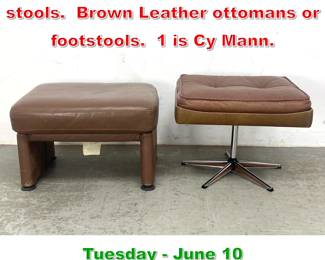 Lot 859 2pcs. Mid century modern stools. Brown Leather ottomans or footstools. 1 is Cy Mann.