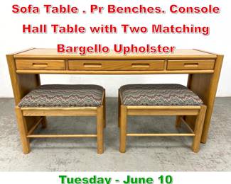 Lot 866 3pc THOMASVILLE Oak Sofa Table . Pr Benches. Console Hall Table with Two Matching Bargello Upholster
