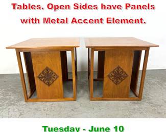 Lot 784 Pr Square Wood Side End Tables. Open Sides have Panels with Metal Accent Element.