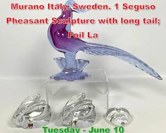 Lot 519 4pc Mid Century Glass Lot. Murano Italy. Sweden. 1 Seguso Pheasant Sculpture with long tail Foil La