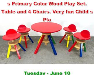 Lot 761 5pc Pierre Sala Style Child s Primary Color Wood Play Set. Table and 4 Chairs. Very fun Child s Pla