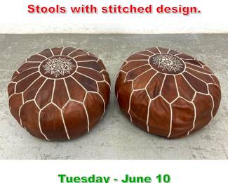 Lot 921 Pair Leather Pouf Hassock Stools with stitched design.