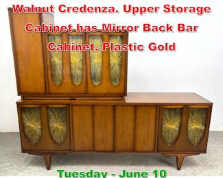 Lot 934 2pc American Modern Walnut Credenza. Upper Storage Cabinet has Mirror Back Bar Cabinet. Plastic Gold