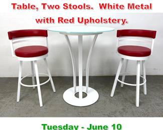 Lot 906 3pc Metal High Top Round Table, Two Stools. White Metal with Red Upholstery.