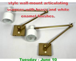 Lot 553 Pair Contemporary Frenchstyle wallmount articulating sconces with brass and white enamel finishes.