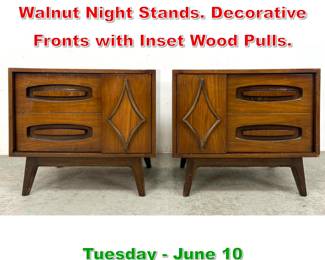 Lot 924 Pr American Modern Walnut Night Stands. Decorative Fronts with Inset Wood Pulls.