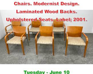 Lot 757 Set 6 STEELCASE Arm Chairs. Modernist Design. Laminated Wood Backs. Upholstered Seats. Label 2001.