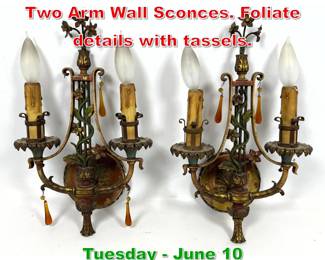 Lot 427 Pr Antique Polychrome Iron Two Arm Wall Sconces. Foliate details with tassels.