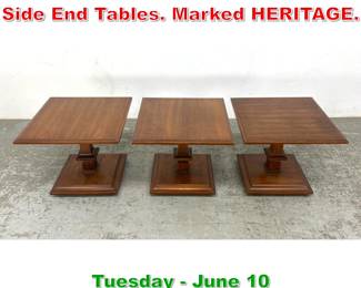 Lot 840 Set 3 Square Pedestal Base Side End Tables. Marked HERITAGE.