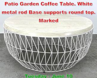 Lot 548 HOLLAND OUTDOOR Round Patio Garden Coffee Table. White metal rod Base supports round top. Marked