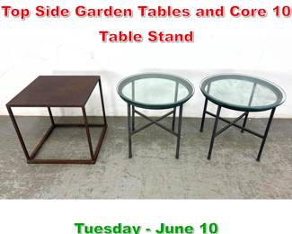 Lot 854 3pcs. Pair Iron frame Glass Top Side Garden Tables and Core 10 Table Stand
