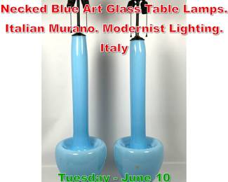 Lot 643 Pr Large Dramatic Long Necked Blue Art Glass Table Lamps. Italian Murano. Modernist Lighting. Italy