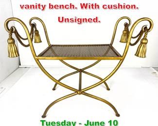 Lot 493 Italian Gilt metal tassel vanity bench. With cushion. Unsigned.