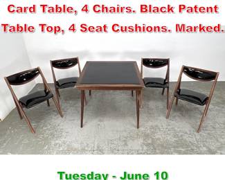 Lot 740 5pc STAKMORE Folding Card Table, 4 Chairs. Black Patent Table Top, 4 Seat Cushions. Marked.