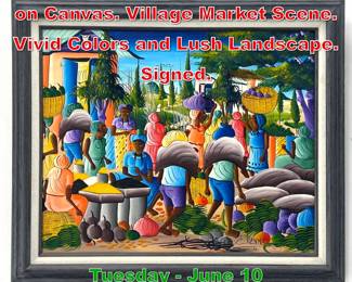 Lot 794 ETIENNE Haitian Painting on Canvas. Village Market Scene. Vivid Colors and Lush Landscape. Signed.