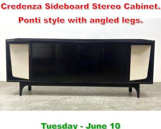 Lot 835 Italian Black Lacquer Credenza Sideboard Stereo Cabinet. Ponti style with angled legs.