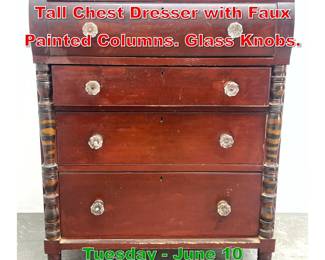 Lot 636 Antique American Empire Tall Chest Dresser with Faux Painted Columns. Glass Knobs.