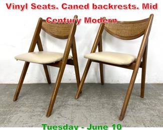 Lot 727 Pr Wood Folding Chairs. Vinyl Seats. Caned backrests. Mid Century Modern