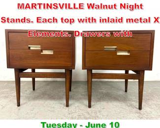 Lot 860 Pr AMERICAN of MARTINSVILLE Walnut Night Stands. Each top with inlaid metal X Elements. Drawers with