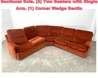 Lot 1316 3pc French Modernist Orange Sectional Sofa. 2 Two Seaters with Single Arm. 1 Corner Wedge Sectio
