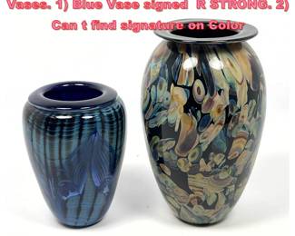 Lot 1004 2pc American Studio Art Glass Vases. 1 Blue Vase signed R STRONG. 2 Can t find signature on Color