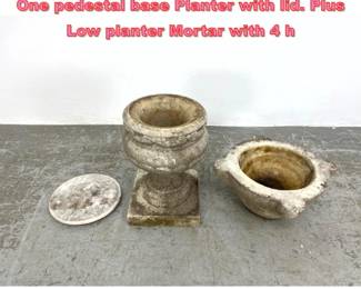 Lot 1487 3pc Outdoor Cement Planter Lot. One pedestal base Planter with lid. Plus Low planter Mortar with 4 h