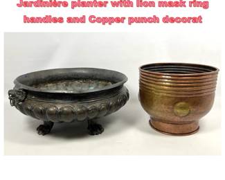 Lot 1166 2pcs Metalware. Roman style Jardiniere planter with lion mask ring handles and Copper punch decorat