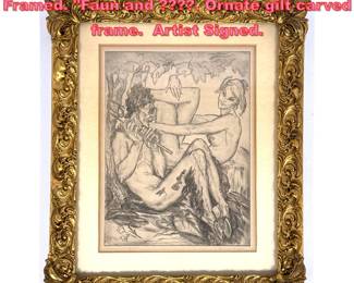Lot 1033 Vintage De Sue engraving. Framed. Faun and . Ornate gilt carved frame. Artist Signed.