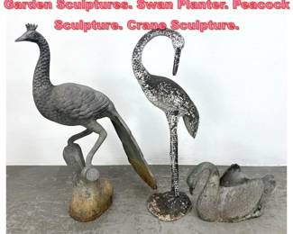 Lot 1498 Collection 3 Metal Bird Outdoor Garden Sculptures. Swan Planter. Peacock Sculpture. Crane Sculpture.